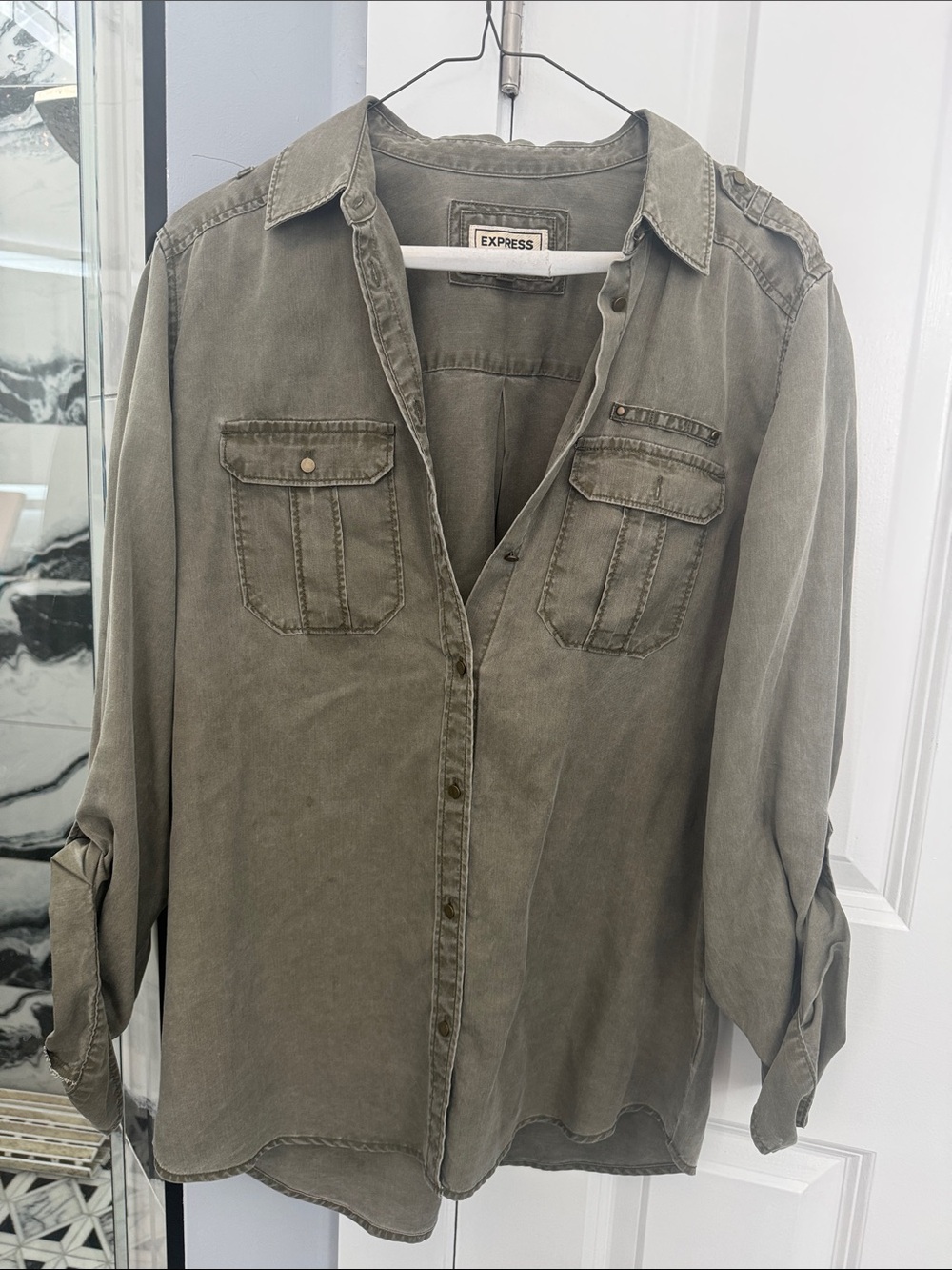 Express Olive Green Button-Front Utility Shirt
